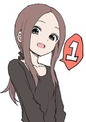  :d absurdres aged_up black_shirt brown_eyes brown_hair commentary_request female highres jaggy_lines karakai_jouzu_no_(moto)_takagi-san karakai_jouzu_no_takagi-san long_hair long_sleeves looking_at_viewer official_art open_mouth ponytail shirt simple_background smile solo speech_bubble spoken_number takagi-san upper_body white_background yamamoto_souichirou 