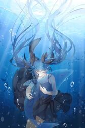  air_bubble aqua_hair bubble closed_eyes commentary dolphin female floating_hair hatsune_miku hug long_hair shinkai_shoujo_(vocaloid) submerged twintails underwater very_long_hair vocaloid wataru_kuri 