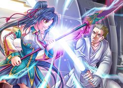  1boy absurdres animification artist_name bandaged_hand bandages blue_hair brown_eyes brown_hair cleft_chin commentary_request commission crossover detached_sleeves dress energy_sword female green_dress guan_dao highres kan&#039;u_(koihime_musou) koihime_musou light lightsaber long_hair necktie obi-wan_kenobi photoshop_(medium) polearm ponytail robe songwut_ouppakarndee star_wars sword thighhighs very_long_hair weapon 