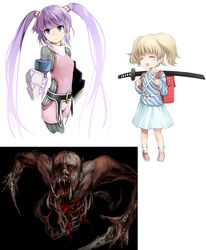  2girls aged_down bad_id bad_pixiv_id dead_space katana monster multiple_girls necromorph odd_one_out purple_eyes purple_hair science_fiction slasher_(dead_space) sophie_(tales) sword taka_yanagi tales_of_(series) tales_of_graces todoroki_yachiyo twintails undead weapon working!! 