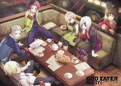  2girls 4boys black_legwear blue_eyes boots brendan_bardell brown_eyes brown_hair cookie cup daiba_canon eyepatch fingerless_gloves food gina_dickinson gloves god_eater god_eater_burst jacket karel_schneider leggings multiple_boys multiple_girls neckerchief official_art ogawa_shun omori_tatsumi paint.net_(medium) pink_hair purple_eyes short_hair teacup teapot white_hair 