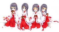  4girls bad_id bad_pixiv_id black_eyes black_hair braid candy chocolate fatal_frame fatal_frame_3 food hair_ornament happy haro-ru heart heart-shaped_chocolate japanese_clothes kuze_amane kuze_hisame kuze_minamo kuze_shigure long_hair miko multiple_girls photoshop_(medium) short_hair twin_braids 