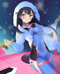  alilu-chan alternate_eye_color alternate_hair_color animal_print bad_deviantart_id bad_id black_hair blue_bodysuit bodysuit breasts brown_eyes brown_hair christmas closed_mouth coat cosplay covered_navel cowboy_shot d.va_(overwatch) facepaint facial_mark female fur-trimmed_jacket fur_trim grey_eyes hair_between_eyes halo hands_up headgear headphones highres holding hood hood_up hooded_jacket jacket legs_together long_hair long_sleeves mecha mechanical_halo mechanical_wings medium_breasts meka_(overwatch) mercy_(overwatch) mercy_(overwatch)_(cosplay) overwatch overwatch_1 pilot_suit rabbit_print ribbed_bodysuit robot skin_tight smile snowflake_print snowflakes snowing solo spread_wings thigh_strap tracer_(overwatch) turtleneck whisker_markings white_coat white_jacket wings winter_clothes yellow_wings 