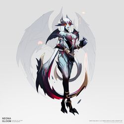  artist_name bad_id bad_twitter_id bare_shoulders black_skin breasts cleavage colored_skin evelynn_(league_of_legends) female full_body glowing glowing_eyes grey_background grey_hair grey_skin hand_up highres large_breasts league_of_legends long_hair looking_at_viewer neona_gloom solo standing wings 