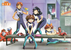  1990s_(style) 4girls absurdres aqua_eyes bench bent_over between_legs black_hair blue_eyes blurry blurry_background bodysuit brown_hair copyright_name drink freckles ginko_(metal_fighter_miku) green_eyes grin hand_between_legs hand_on_another&#039;s_shoulder hand_on_own_hip highres holding holding_drink indoors knees_together_feet_apart looking_at_viewer medium_hair metal_fighter_miku miku_(metal_fighter_miku) multiple_girls nana_(metal_fighter_miku) non-web_source official_art one_eye_closed open_mouth orange_hair red_hair retro_artstyle sayaka_(metal_fighter_miku) scan short_hair sitting smile standing towel towel_around_neck v 