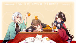  1boy 2girls arm_up basket black_hair brown_hair crescent crescent_hair_ornament cup food fruit glasses grey_hair hair_ornament hairclip hakase_fuyuki highres hinagisa_yaya kagami_hayato kotatsu long_hair long_sleeves multicolored_hair multiple_girls nijisanji open_mouth orange_(fruit) short_hair smc-gumi_(nijisanji) sparkle split-color_hair star_(symbol) star_hair_ornament table twintails two-tone_hair virtual_youtuber yellow_background yorumi_rena 