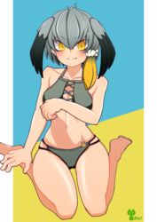  absurdres bare_arms bare_legs bare_shoulders barefoot bikini bird_wings black_hair black_wings blonde_hair breasts bright_pupils cleavage closed_mouth collarbone eyes_visible_through_hair feathered_wings female grey_bikini grey_hair grey_wings hair_between_eyes hair_ornament hair_scrunchie head_wings highres kemono_friends long_hair looking_at_viewer medium_breasts multicolored_hair navel sakumochi_(pixiv4431677) scrunchie shoebill_(kemono_friends) side_ponytail smile solo split_mouth stomach straight-on swimsuit thighs tsurime two-tone_wings white_pupils white_scrunchie wings yellow_eyes 