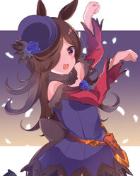  animal_ears arm_up bare_shoulders black_footwear blue_dress blue_flower blue_hat blue_rose blush brown_hair commentary_request dagger dress female flower golshi&#039;s_first_place_pose hair_over_one_eye hand_up hat hat_flower hidejiu high_heels highres horse_ears horse_girl horse_pose horse_tail knife long_hair long_sleeves looking_at_viewer off-shoulder_dress off_shoulder open_mouth purple_eyes rice_shower_(umamusume) rose shoes solo tail tilted_headwear umamusume very_long_hair weapon 