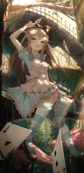  absurdres alice_(alice_in_wonderland) alice_(alice_in_wonderland)_(cosplay) alice_in_wonderland apron black_bow black_footwear blue_bow blue_dress blush bow branch bridge brown_hair card club_(shape) cosplay diamond_(shape) dress female frilled_dress frills green_eyes hair_between_eyes hair_ornament hairbow hairclip heart highres holding holding_card k.j. kneehighs light_rays long_hair looking_at_viewer mary_janes open_mouth overgrown playing_card puffy_short_sleeves puffy_sleeves railing ruins shoes short_sleeves sitting smile socks solo spade_(shape) striped_clothes striped_socks viichan virtual_youtuber waktaverse white_apron white_bow 