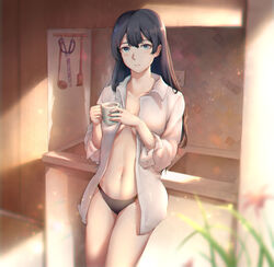  black_hair black_panties blue_eyes blurry blush breasts chinese_commentary chromatic_aberration coffee cowboy_shot cup depth_of_field dress_shirt er_gou_daoren female hands_up highres holding holding_cup indoors kitchen ladle leaning_back lens_flare light_particles long_hair looking_at_viewer morning mug navel no_bra no_pants open_clothes open_shirt original panties parted_lips scissors shirt sink sleeves_rolled_up solo standing steam sunlight underwear utensil_rack white_shirt 