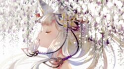  animal_ears beads blurry closed_eyes closed_mouth dappled_sunlight depth_of_field erune eyelashes female floating_hair flower fox_ears from_side granblue_fantasy hair_ornament hair_stick lipstick long_hair makeup nido_celisius portrait profile ribbon sidelocks simple_background societte_(granblue_fantasy) solo sunlight tied_hair white_background wisteria 