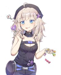  aa-12_(girls&#039;_frontline) absurdres ahoge bags_under_eyes black_camisole black_headwear black_shorts blue_eyes blush breasts buckle camisole candy candy_wrapper cleavage closed_mouth commentary_request detached_collar female food girls&#039;_frontline hair_ornament hand_up heart heart_ahoge highres holding holding_food kaoling light_brown_hair lollipop long_hair medium_breasts ribbed_camisole shorts simple_background snap-fit_buckle solo spoken_heart star_(symbol) star_hair_ornament tongue tongue_out turtleneck white_background 