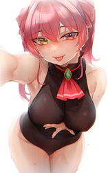  bababababan bare_shoulders black_leotard breasts closed_mouth cowboy_shot female hair_between_eyes heterochromia highres hololive houshou_marine houshou_marine_(1st_costume) large_breasts leaning_forward leotard long_hair looking_at_viewer reaching reaching_towards_viewer red_eyes red_hair solo tongue tongue_out virtual_youtuber yellow_eyes 