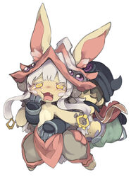  absurd_res ambiguous_gender anthro blush bodily_fluids body_hair closed_eyes clothing cybernetic_arm cybernetic_limb cybernetics cyborg duo erection fangs fur hand_on_head hi_res horizontal_pupils hug hugging_another hugging_from_behind human humanoid machine made_in_abyss mammal nanachi narehate open_mouth prosthetic pupils reg_(made_in_abyss) rtari simple_background struggling tears teeth white_background young 