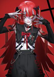  alternate_costume black_bow black_choker black_nails black_shorts bow chest_harness choker detached_collar detached_sleeves doryudory ear_piercing eyes_visible_through_hair female fingernails green_eyes hair_ornament hairbow hairclip hands_up harness heterochromia highres hololive hololive_indonesia kureiji_ollie long_fingernails long_hair long_sleeves multicolored_hair nail_polish parted_lips piercing red_background red_bow red_hair shorts solo very_long_hair virtual_youtuber white_hair x_hair_ornament yellow_eyes zombie 