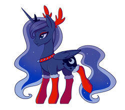  2021 alicorn antlers bell bell_collar blue_body blue_fur blue_hair blue_tail christmas clothed clothed_feral clothing collar costume crown cutie_mark digital_drawing_(artwork) digital_media_(artwork) equid equine eyeshadow fake_antlers fake_horns female feral footwear friendship_is_magic fur hair hasbro headgear hi_res holidays horn horse jingle_bell jingle_bell_collar legwear makeup mammal my_little_pony mythological_creature mythological_equine mythology pony princess_luna_(mlp) raised_leg red_antlers red_clothing red_eyeshadow red_legwear red_stockings red_thigh_highs reindeer_costume simple_background socks solo stockings tail tanatos_aaa thigh_highs white_background wings 