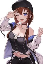  absurdres ahaha_kun bare_shoulders belt black_choker blue_eyes breasts brown_hair choker cleavage crop_top female hat highres hololive jacket large_breasts long_hair looking_at_viewer low_twintails midriff navel o-ring o-ring_choker one_eye_closed open_clothes open_jacket open_mouth shorts smile solo tokino_sora tokino_sora_(streetwear) twintails virtual_youtuber 