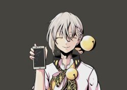  1boy absurdres asa_no_ha_(pattern) bell cellphone commentary cracked_phone cracked_screen duther_altyn grey_background grey_hair hair_bell hair_ornament hand_up highres holding holding_phone iori_yuzuru looking_at_viewer male_focus neck_bell necktie parted_lips phone shirt short_sleeves smartphone smile upper_body voiceroid white_shirt yellow_eyes yellow_necktie 