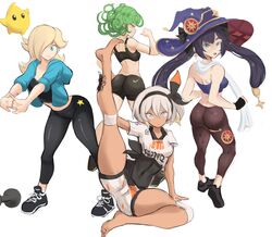  4girls :o alternate_costume arm_support ass bea_(pokemon) black_bodysuit black_gloves black_hair black_hairband black_legwear black_sports_bra blonde_hair blue_eyes bodysuit bow_hairband breasts closed_mouth covered_navel cracking_knuckles crossover curly_hair dark-skinned_female dark_skin dumbbell dynamax_band flipped_hair full_body genshin_impact gloves green_eyes green_hair grey_eyes grey_hair hair_over_one_eye hair_ribbon hairband hand_on_own_hip hat highres holding_own_foot jacket knee_pads leg_lift leggings leotard long_hair looking_at_viewer looking_back luma_(mario) mario_(series) medium_breasts mona_(genshin_impact) multiple_crossover multiple_girls nike_(company) one-punch_man open_mouth pants pokemon pokemon_swsh print_leggings print_shirt print_shorts purple_leotard purple_sports_bra raised_eyebrows rakeemspoon ribbon rosalina shirt shoes short_hair shorts sideboob simple_background small_breasts smile sneakers spandex sports_bra sportswear star_(symbol) star_print strapless stretching super_mario_galaxy tatsumaki tied_shirt towel towel_around_neck tube_top twintails very_long_hair weights white_background witch witch_hat yoga_pants 