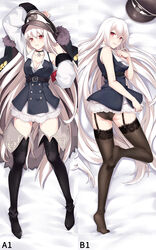  blush breasts dakimakura_(medium) female full_body girls&#039;_frontline hair_between_eyes highres kar98k_(girls&#039;_frontline) long_hair looking_at_viewer multiple_views red_eyes salyut thighhighs very_long_hair white_hair 