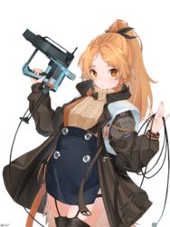  absurdres aran_sweater arknights black_jacket black_thighhighs blue_skirt brown_sweater buttons cable cable_knit cowboy_shot feather_hair female garter_straps gun highres holding holding_gun holding_weapon jacket light_blush long_hair looking_at_viewer mole mole_under_eye nail_gun open_clothes open_jacket orange_eyes orange_hair pinecone_(arknights) ponytail rysp simple_background skirt solo suspender_skirt suspenders sweater thighhighs weapon white_background 