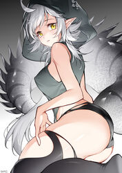  absurdres ahoge arknights artist_name ass bad_id bad_pixiv_id bare_arms bare_shoulders black_thighhighs breasts commentary crocodilian_tail female highres hood large_tail long_hair looking_at_viewer medium_breasts parted_lips pointy_ears shao_(shaorouhong) sleeveless solo tail thick_thighs thighhighs thighs tomimi_(arknights) torn_clothes torn_thighhighs white_hair yellow_eyes 