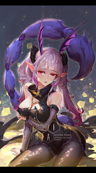  arknights arm_under_breasts artist_name bare_shoulders breasts cleavage clothing_request commentary_request copyright_notice dress english_text female head_wings highres large_breasts long_hair looking_to_the_side manticore_(arknights) manticore_(invisible_dirge)_(arknights) official_alternate_costume open_mouth pink_eyes pink_hair pointy_ears scorpion_tail sitting solo tail torn_clothes torn_legwear train_hb wings 