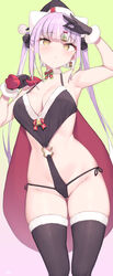  absurdres animal_ears arm_up armpits ass_visible_through_thighs bare_shoulders bikini black_bikini black_gloves black_thighhighs blonde_girl_(cloba) breasts choker christmas cleavage cloba fake_animal_ears female fur_trim gloves hair_ribbon halterneck hand_up hat highres holding long_hair looking_at_viewer medium_breasts navel original pink_hair revealing_clothes ribbon sack santa_hat side-tie_bikini_bottom skindentation solo standing strap_gap string_bikini swimsuit thighhighs thighs twintails white_choker yellow_eyes 