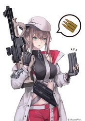  :o absurdres aqua_eyes ar-57 ar-57_(girls&#039;_frontline) assault_rifle black_gloves black_shirt crop_top ear_piercing feet_out_of_frame female fingerless_gloves girls&#039;_frontline gloves grey_hair gun hair_between_eyes highres holding holding_gun holding_magazine_(weapon) holding_weapon jacket korean_commentary lithographica long_hair looking_down magazine_(weapon) open_clothes open_jacket open_mouth piercing ponytail red_shorts rifle shirt shorts solo standing tank_top twitter_username weapon white_background white_headwear white_jacket 