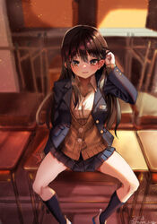  adjusting_hair arm_support blue_jacket blue_thighhighs blush boku_no_kokoro_no_yabai_yatsu breasts brown_cardigan brown_eyes brown_hair cardigan female highres indoors jacket large_breasts long_hair looking_at_viewer mole mole_on_neck multiple_moles open_mouth shirt silver_(suwakosuwako) sitting solo thighhighs thighs white_shirt yamada_anna 