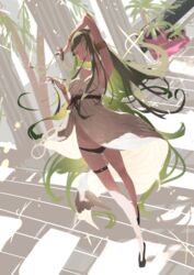  arm_up armpits black_panties breasts cleopatra_(fate) cleopatra_(third_ascension)_(fate) commentary_request dress fate/grand_order fate_(series) female full_body green_eyes green_hair hairband highres kuronoiparoma long_hair looking_at_viewer panties plant potted_plant short_sleeves solo underwear white_dress 