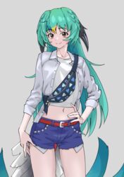  absurdres aqua_hair arm_at_side belt bird_tail blue_shorts brown_eyes commentary cowboy_shot crop_top cutoffs fanny_pack female grey_background hand_on_own_hip head_wings highres japari_symbol kemono_friends long_hair long_sleeves looking_at_viewer midriff navel open_clothes open_shirt resplendent_quetzal_(kemono_friends) shirt short_shorts shorts simple_background sleeves_rolled_up smile solo tail tanabe_(fueisei) very_long_hair white_shirt wings 