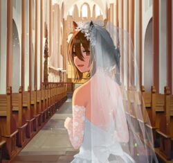  :d agnes_tachyon_(umamusume) animal_ears back backlighting bench blush bridal_gauntlets bridal_veil bride brown_eyes brown_hair church dress female flower from_behind horse_ears horse_girl horse_tail looking_at_viewer looking_back nazuka_(mikkamisaki) pov smile solo tail umamusume veil wedding wedding_dress 