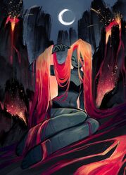  colored_skin commentary crescent_moon english_commentary feefal female fire full_body highres lava long_hair moon mountain multicolored_hair no_humans orange_hair original personification red_hair sitting smoke solo two-tone_hair volcano 