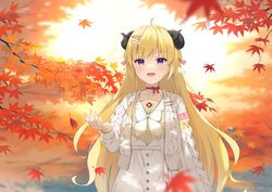  :d ahoge animal_ears autumn_leaves blonde_hair blush bow bowtie cardigan choker commentary_request female hair_ornament hairclip high-waist_skirt highres hololive horns leaf long_hair long_sleeves maple_leaf mirai_(mirai76_) official_alternate_costume open_cardigan open_clothes outdoors purple_eyes red_choker red_ribbon ribbon ribbon_choker sailor_collar sheep_ears sheep_girl sheep_horns shirt skirt smile solo striped_clothes striped_shirt tsunomaki_watame tsunomaki_watame_(street_casual) upper_body vertical-striped_clothes vertical-striped_shirt very_long_hair virtual_youtuber white_bow white_bowtie white_cardigan white_sailor_collar white_skirt yellow_shirt 