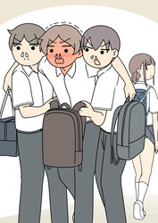  3boys backpack bag blood blue_skirt blush brown_hair closed_mouth collared_shirt convenient_censoring female full-face_blush grey_pants juukyuu light_brown_hair low_ponytail multiple_boys nosebleed open_mouth original pants school_uniform shirt shoes short_hair sidelocks skirt wardrobe_error white_background white_legwear white_shirt 