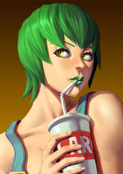  brown_background commentary cup drinking english_commentary female foo_fighters_(jojo) gradient_background green_hair hand_up holding holding_cup jojo_no_kimyou_na_bouken overalls portrait shadow short_hair solo stone_ocean yellow_eyes zetman92 