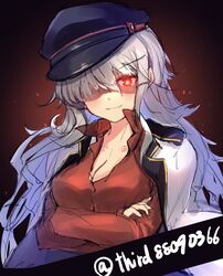  black_background black_hat breasts cleavage commentary_request crossed_arms female gangut_(kancolle) gangut_dva_(kancolle) glowing glowing_eye gradient_background grey_hair hat highres jacket jacket_on_shoulders kantai_collection large_breasts long_hair long_sleeves looking_at_viewer o-sirius peaked_cap red_eyes red_shirt scar scar_on_cheek scar_on_face shirt solo upper_body white_hat white_jacket 