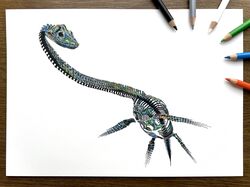  abe_yuichiro absurdres animal_skeleton art_tools_in_frame colored_pencil_(medium) commentary_request dinosaur dinosaur_skeleton highres no_humans opal_(gemstone) original photo_(medium) plesiosaur shadow simple_background skeleton traditional_media white_background 