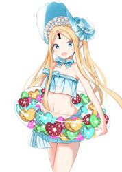  abigail_williams_(fate) abigail_williams_(swimsuit_foreigner)_(fate) abigail_williams_(swimsuit_foreigner)_(third_ascension)_(fate) absurdres bare_shoulders bikini blonde_hair blue_bikini blue_eyes blue_headwear blush bonnet bow breasts commentary fate/grand_order fate_(series) female forehead hairbow highres innertube keyhole long_hair looking_at_viewer navel open_mouth parted_bangs sidelocks simple_background small_breasts smile solo swim_ring swimsuit thighs twintails white_background white_bow yukaa 