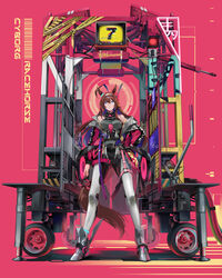  ahoge animal_ears armored_boots artist_name barcode belt blue_eyes bodysuit boots breasts brown_hair cable colored_inner_hair commentary_request copyright_name covered_navel english_text female full_body hand_on_own_hip highres horse_ears horse_girl horse_tail jacket large_breasts lever long_hair long_sleeves mechanical_hands mihono_bourbon_(umamusume) monitor multicolored_hair neko_(yanshoujie) off_shoulder open_clothes open_jacket pink_jacket single_mechanical_hand solo standing starting_gate tail tape two-tone_background umamusume wheel 