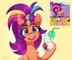  alternate_hairstyle beverage blue_eyes container cup drinking_glass earth_pony equid equine eyebrows female food fruit glass glass_container glass_cup glass_tumbler hasbro hi_res hooves horse leg_markings lime looking_at_viewer mammal markings mlp_g5 my_little_pony open_mouth open_smile plant pony screencap skysorbett smile socks_(marking) solo straw_(disambiguation) sunny_starscout_(mlp) tumbler 