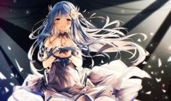  alternate_costume azur_lane backlighting bare_shoulders black_background blue_eyes blue_hair blush breasts cleavage collarbone commentary dress english_commentary evening_gown female heaven&#039;s_melody heterochromia highres holding holding_petal horns ibuki_(azur_lane) large_breasts long_hair looking_at_viewer multiple_horns open_mouth petals red_eyes sleeveless sleeveless_dress smile solo standing upper_body wrist_cuffs 