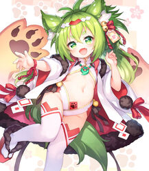  :d animal_ear_fluff animal_ears arm_up azur_lane bell bikini bikini_under_clothes breasts coat commentary_request fangs female fox_ears fox_girl fox_tail green_eyes green_hair groin hair_ornament highres isokaze_(azur_lane) isokaze_(new_year&#039;s_campaign)_(azur_lane) jewelry jingle_bell kito_(sorahate) leg_up long_hair navel necklace open_clothes open_coat open_mouth ponytail ribbon sandals shirt small_breasts smile solo standing standing_on_one_leg swimsuit tail thighhighs thighs white_bikini white_coat white_thighhighs wrist_ribbon 