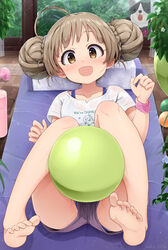  :d ahoge alternate_hairstyle anko222g ball blue_bra blue_panties blush bottle bra bra_visible_through_clothes braid brown_eyes brown_hair brown_shorts bush canine chupacabra_(idolmaster) double_bun dumbbell female hair_bun hakozaki_serika hand_up highres idolmaster idolmaster_million_live! idolmaster_million_live!_theater_days knees_up long_hair looking_at_viewer lying mat official_alternate_hairstyle on_back open_mouth panties pantyshot pillow pink_wristband print_shirt shirt shorts smartphone_case smile soles solo sweat sweatdrop t-shirt toes twin_braids twitter_username underwear vase very_long_hair water_bottle wet wet_clothes wet_shirt white_shirt window 