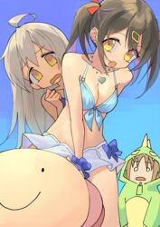  3girls :o absurdres ahoge bad_id bad_pixiv_id bare_arms bare_shoulders bikini bikini_skirt black_hair blue_bikini blue_scrunchie breasts brown_hair collarbone commentary dinosaur_costume eyes_visible_through_hair grey_hair hair_ornament hairclip heart heart_necklace highres jewelry looking_at_viewer medium_breasts multiple_girls nama_cream_croquette necklace o_o oka_asahi onii-chan_wa_oshimai! open_mouth orange_eyes oyama_mihari peeking_out purple_hair scrunchie siblings sisters swimsuit wrist_scrunchie 