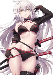  :d adjusting_hair adjusting_strap ahoge bikini black_bikini black_choker black_gloves black_jacket breasts choker commentary_request cowboy_shot cropped_jacket evil_grin evil_smile fate/grand_order fate_(series) female gloves grin hair_flip hair_lift hand_in_own_hair highres holding holding_own_hair jacket jeanne_d&#039;arc_alter_(fate) jeanne_d&#039;arc_alter_(swimsuit_berserker)_(fate) katana large_breasts long_hair looking_at_viewer multiple_swords navel o-ring o-ring_bikini o-ring_bottom o-ring_top photoshop_(medium) red_thighhighs scabbard sheath shrug_(clothing) single_thighhigh smile solo swimsuit sword thigh_strap thighhighs toujou_masateru very_long_hair weapon white_background white_hair yellow_eyes 