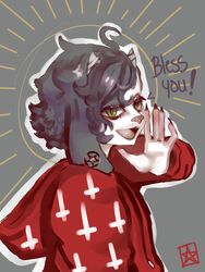  3:4 5_fingers absurd_res anthro bovid caprine clothed clothing curled_hair digital_media_(artwork) fingers fur goat green_eyes grey_background hair hi_res hoodie horn male mammal open_mouth religious_symbol shaded simple_background solo summoning_square text topwear white_body white_fur 