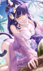  adapted_costume all_fours animal_ears bare_shoulders braid breasts casual_one-piece_swimsuit cat_ears cat_girl cat_tail cleavage crown_hair_ornament day embarrassed female food fruit genshin_impact h2o_(dfo) highres kemonomimi_mode large_breasts long_hair looking_at_viewer mole mole_under_eye off_shoulder one-piece_swimsuit open_mouth outdoors purple_eyes purple_hair purple_one-piece_swimsuit raiden_shogun see-through single_braid solo swimsuit tail tassel thighs very_long_hair watermelon 