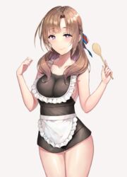  apron blush breasts brown_hair closed_mouth collarbone female highres holding holding_spoon housewife jasony large_breasts long_hair looking_at_viewer maid mature_female oosuki_mamako purple_eyes sideboob simple_background smile solo spoon standing tsuujou_kougeki_ga_zentai_kougeki_de_ni-kai_kougeki_no_okaasan_wa_suki_desu_ka? 